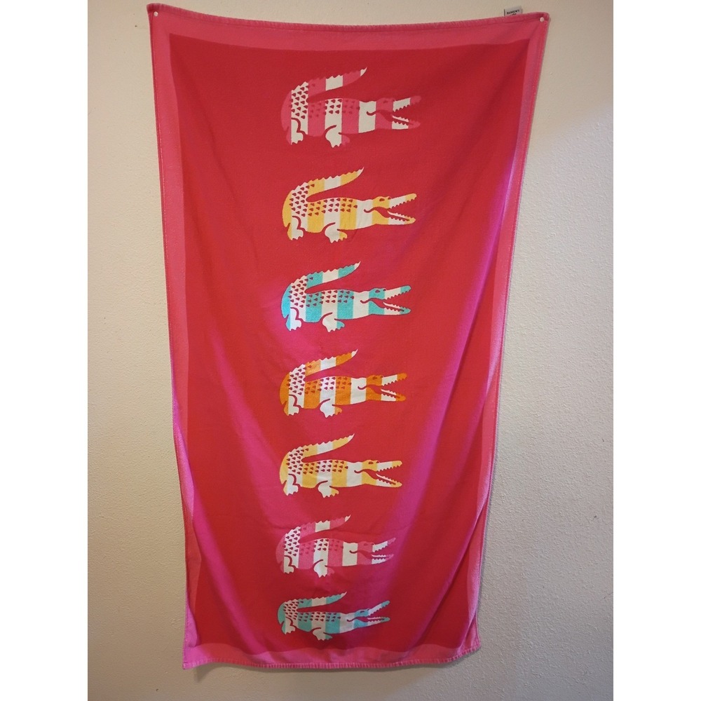 Lacoste Pink Cotton Beach Towel Multi Color Crocodile Logo Graphic Oversized